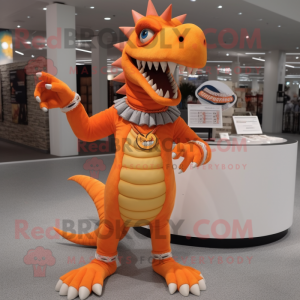 Orange Spinosaurus mascot costume character dressed with a Jeggings and Bracelet watches