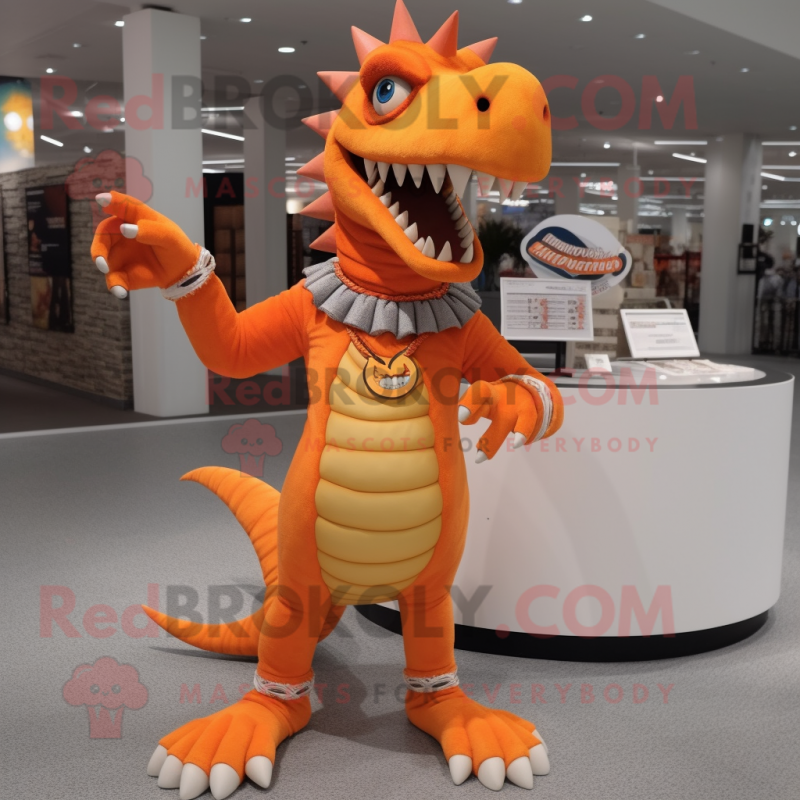 Orange Spinosaurus mascot costume character dressed with a Jeggings and Bracelet watches