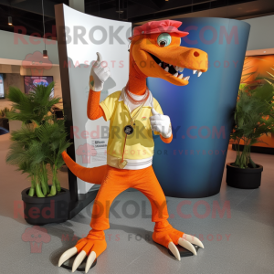 Orange Spinosaurus mascot costume character dressed with a Jeggings and Bracelet watches