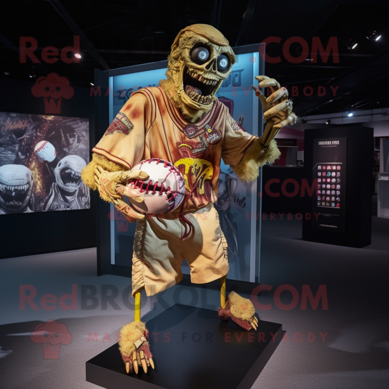 Gold Zombie mascot costume character dressed with a Rugby Shirt and Shawl pins