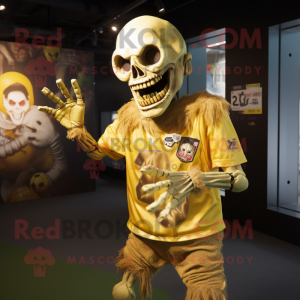 Gold Zombie mascot costume character dressed with a Rugby Shirt and Shawl pins