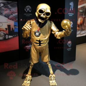 Gold Zombie mascot costume character dressed with a Rugby Shirt and Shawl pins