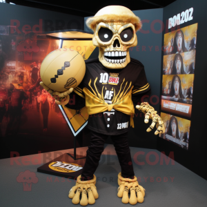 Gold Zombie mascot costume character dressed with a Rugby Shirt and Shawl pins
