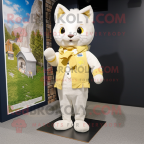 Cream Cat mascot costume character dressed with a Parka and Pocket squares