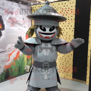 Gray Samurai mascot costume character dressed with a Dress and Hat pins