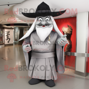 Gray Samurai mascot costume character dressed with a Dress and Hat pins