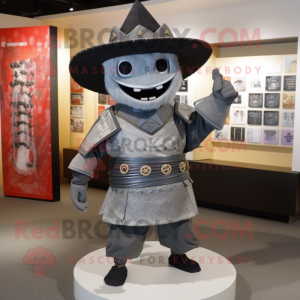 Gray Samurai mascot costume character dressed with a Dress and Hat pins