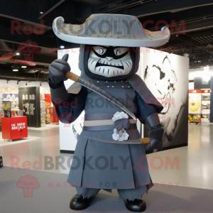 Gray Samurai mascot costume character dressed with a Dress and Hat pins