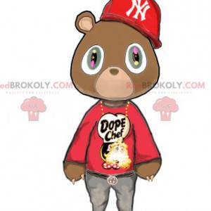 Mascotte d'ours marron en tenue rouge de hip-hop -