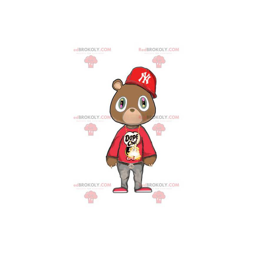 Mascotte d'ours marron en tenue rouge de hip-hop -