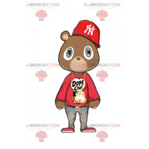 Maskotka niedźwiedź brunatny w czerwonym stroju hip-hop -