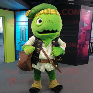 Lime Green Pirate mascot costume character dressed with a Cover-up and Backpacks