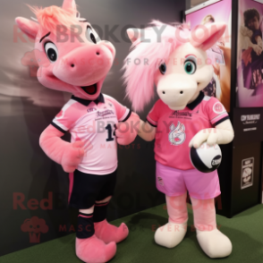 Pink Mare mascot costume character dressed with a Rugby Shirt and Cummerbunds