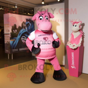 Pink Mare mascot costume character dressed with a Rugby Shirt and Cummerbunds