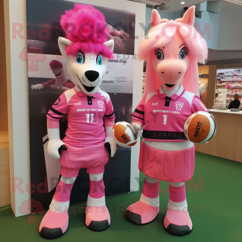 Pink Mare mascot costume character dressed with a Rugby Shirt and Cummerbunds