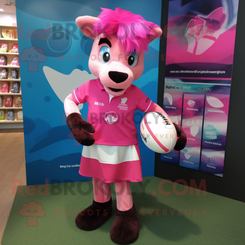 Pink Mare mascot costume character dressed with a Rugby Shirt and Cummerbunds
