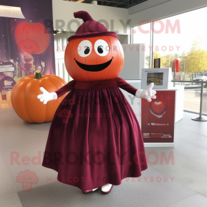 Maroon Pumpkin mascot costume character dressed with a Empire Waist Dress and Rings