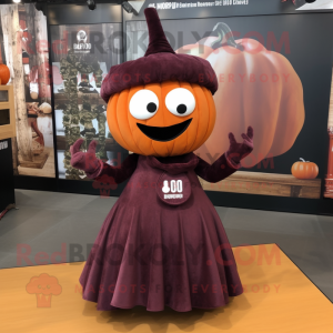 Maroon Pumpkin mascot costume character dressed with a Empire Waist Dress and Rings