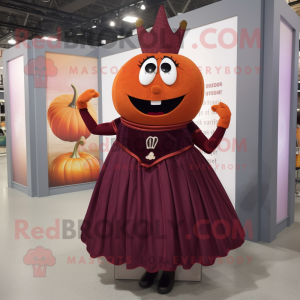 Maroon Pumpkin mascot costume character dressed with a Empire Waist Dress and Rings