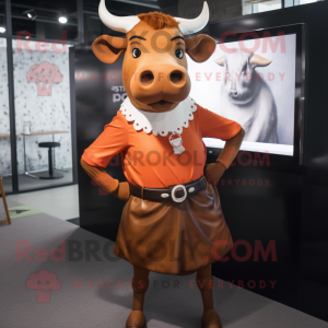 Rust Bull mascot costume character dressed with a Mini Skirt and Tie pins