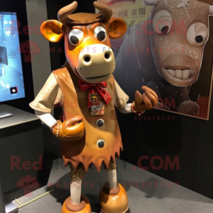 Rust Bull mascot costume character dressed with a Mini Skirt and Tie pins