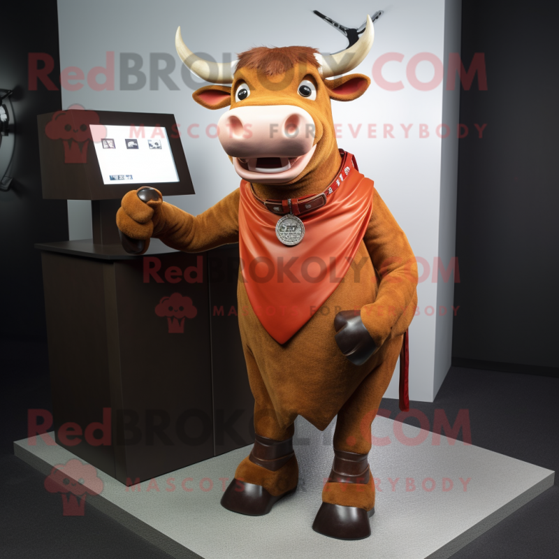 Rust Bull mascot costume character dressed with a Mini Skirt and Tie pins Rust Bull mascot costume character dressed with a Mini Skirt and Tie pins