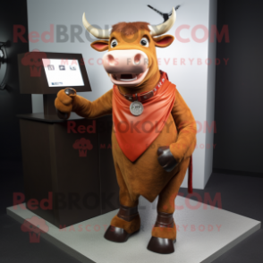 Rust Bull mascot costume character dressed with a Mini Skirt and Tie pins