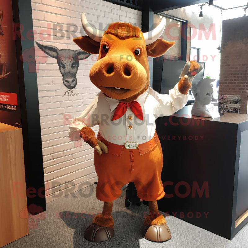 Rust Bull mascot costume character dressed with a Mini Skirt and Tie pins Rust Bull mascot costume character dressed with a Mini Skirt and Tie pins