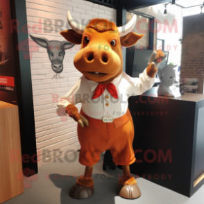 Rust Bull mascot costume character dressed with a Mini Skirt and Tie pins