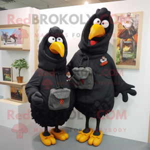 Black Hens mascot costume character dressed with a Hoodie and Messenger bags