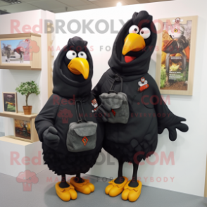 Black Hens mascot costume character dressed with a Hoodie and Messenger bags