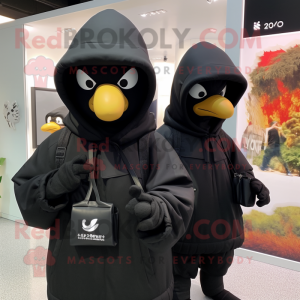 Black Hens mascot costume character dressed with a Hoodie and Messenger bags