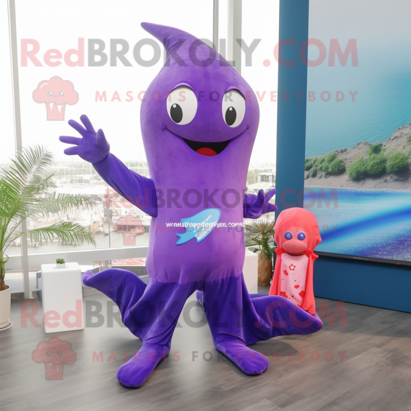 Purple Stingray mascot costume character dressed with a Flare Jeans and Hairpins Purple Stingray mascot costume character dressed with a Flare Jeans and Hairpins