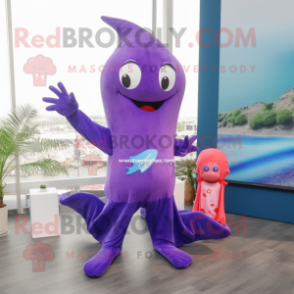 Purple Stingray mascot costume character dressed with a Flare Jeans and Hairpins