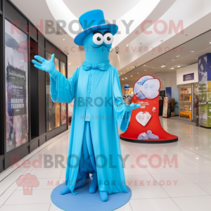 Sky Blue Stilt Walker mascot costume character dressed with a Cover-up and Hats