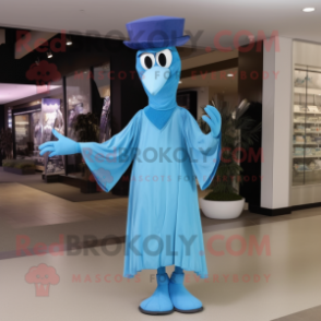 Sky Blue Stilt Walker mascot costume character dressed with a Cover-up and Hats