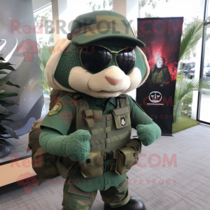 Forest Green Marine Recon mascot costume character dressed with a Vest and Backpacks