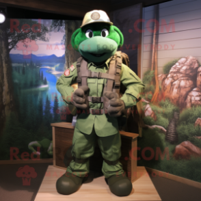 Forest Green Marine Recon mascot costume character dressed with a Vest and Backpacks