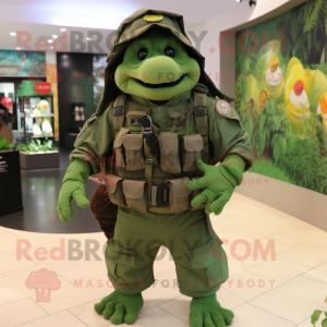 Forest Green Marine Recon mascot costume character dressed with a Vest and Backpacks