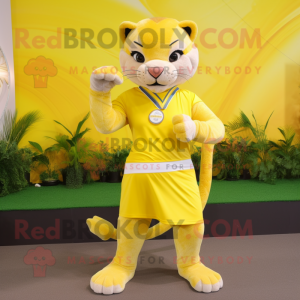 Lemon Yellow Puma mascot costume character dressed with a Pleated Skirt and Bracelets