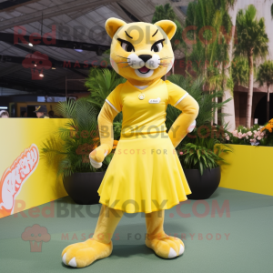 Lemon Yellow Puma mascot costume character dressed with a Pleated Skirt and Bracelets