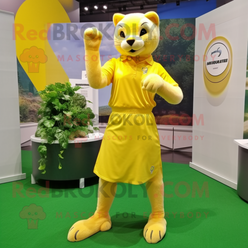 Lemon Yellow Puma mascot costume character dressed with a Pleated Skirt and Bracelets