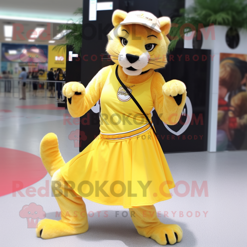 Lemon Yellow Puma mascot costume character dressed with a Pleated Skirt and Bracelets