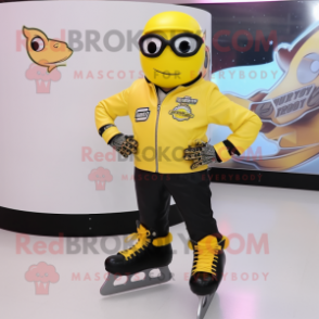Yellow Pair Of Ice Skates mascot costume character dressed with a Biker Jacket and Ties