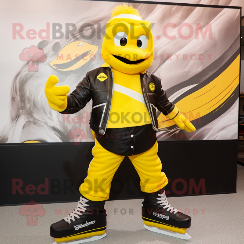 Yellow Pair Of Ice Skates mascot costume character dressed with a Biker Jacket and Ties