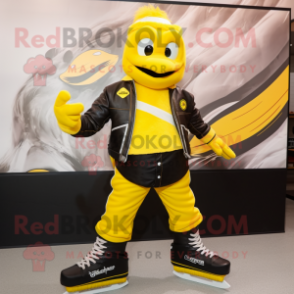 Yellow Pair Of Ice Skates mascot costume character dressed with a Biker Jacket and Ties