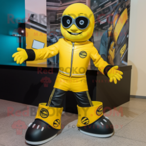 Yellow Pair Of Ice Skates mascot costume character dressed with a Biker Jacket and Ties