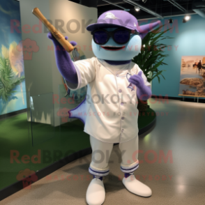 Lavender Swordfish mascot costume character dressed with a Baseball Tee and Sunglasses
