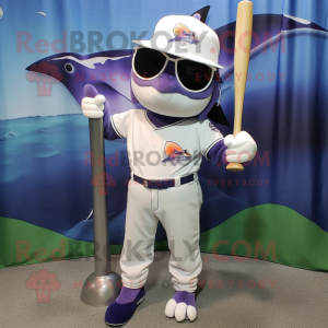 Lavender Swordfish mascot costume character dressed with a Baseball Tee and Sunglasses