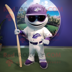 Lavender Swordfish mascot costume character dressed with a Baseball Tee and Sunglasses